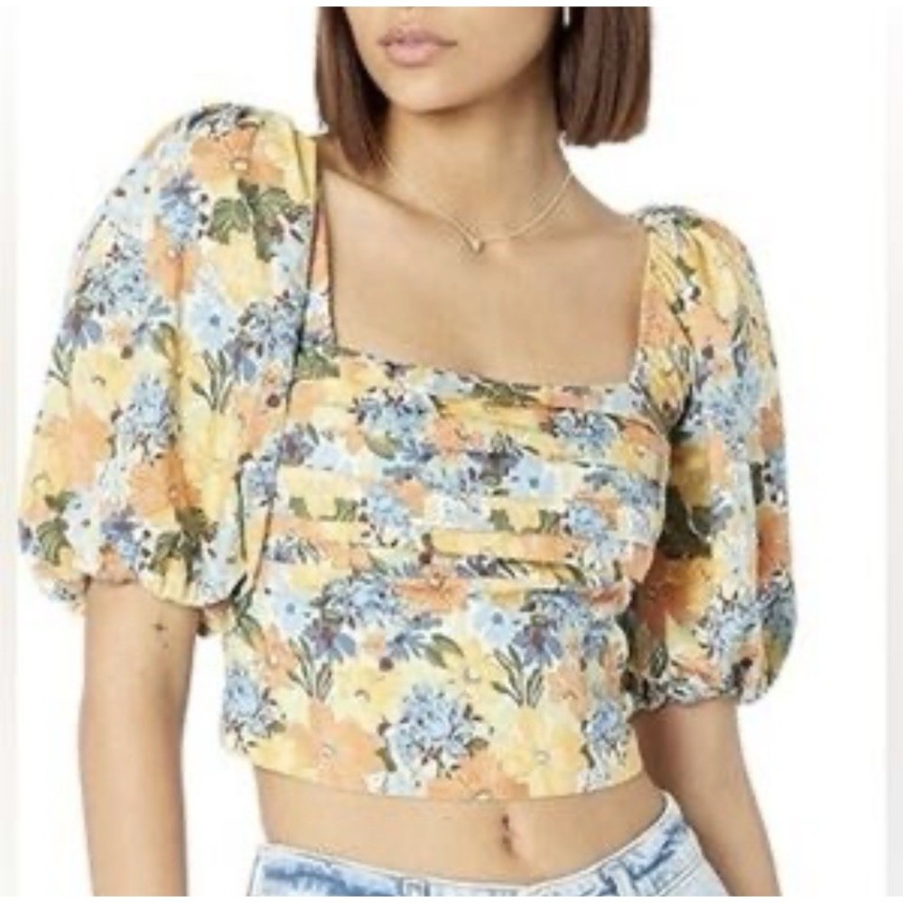 Abercrombie Fitch Yellow Floral Smocked Crop Top Puff Sleeve Cottagecore Size L